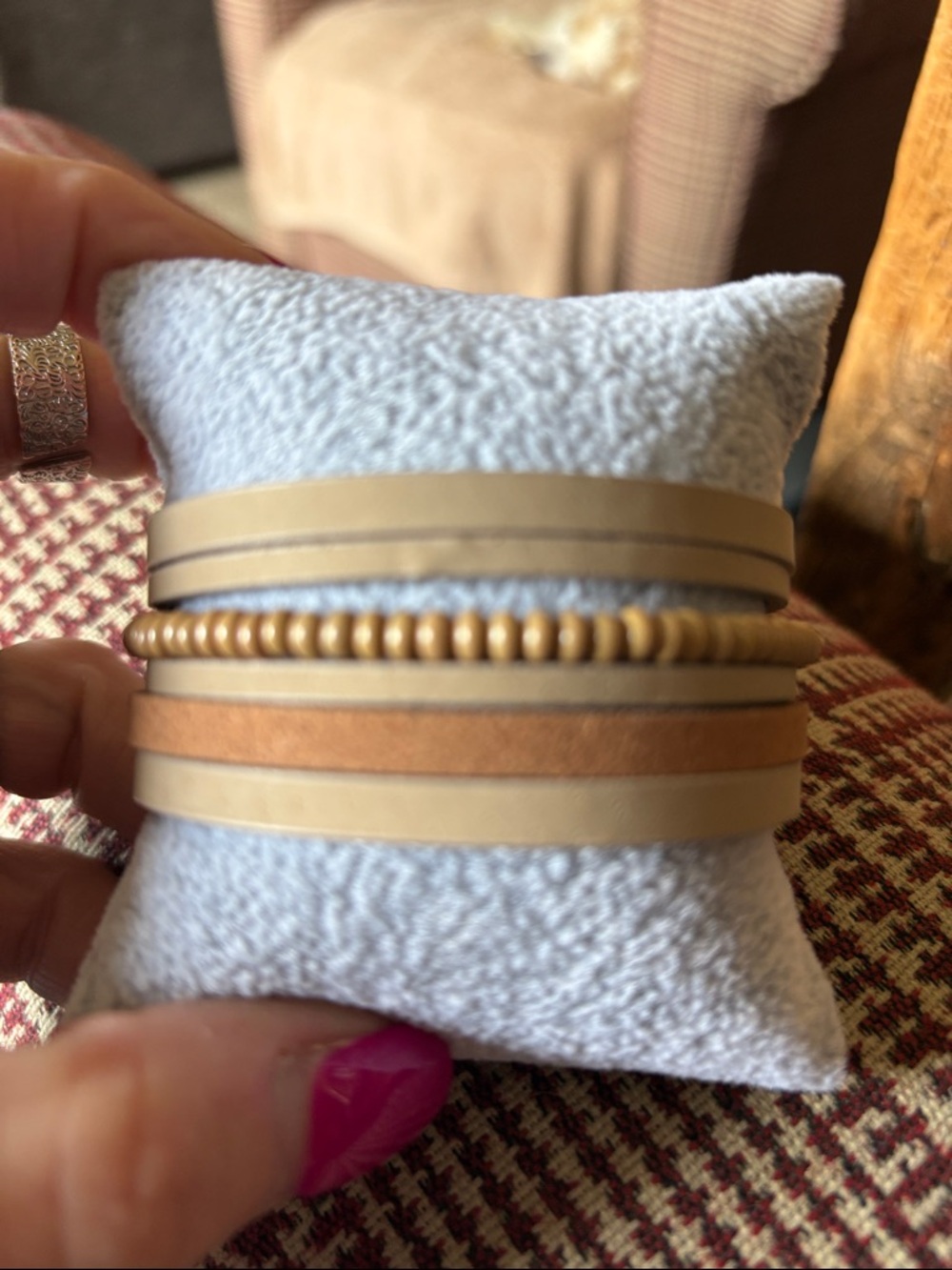 Neutral Beige Stackable Leather & Bead Bracelet Set for Women